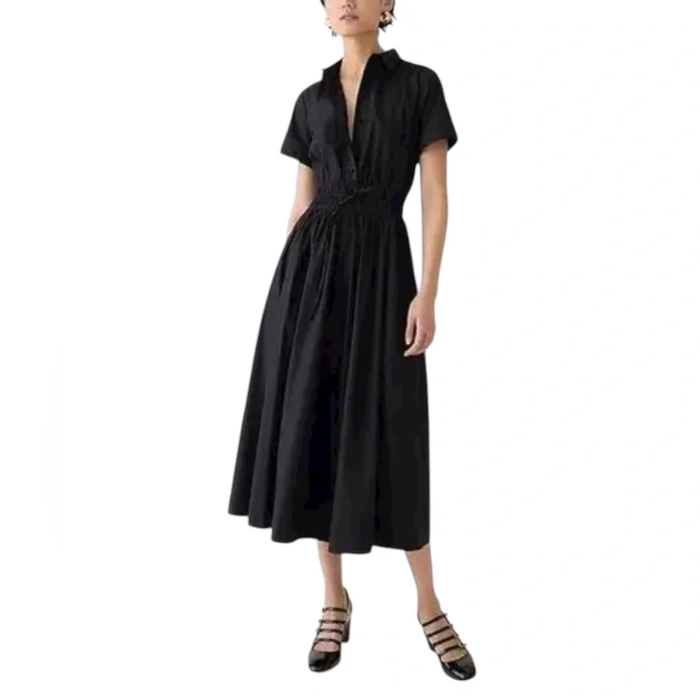 J. Crew Classic Black Elena Drama Midi Shirt-dress in cotton poplin NWT 8 - Picture 1 of 13